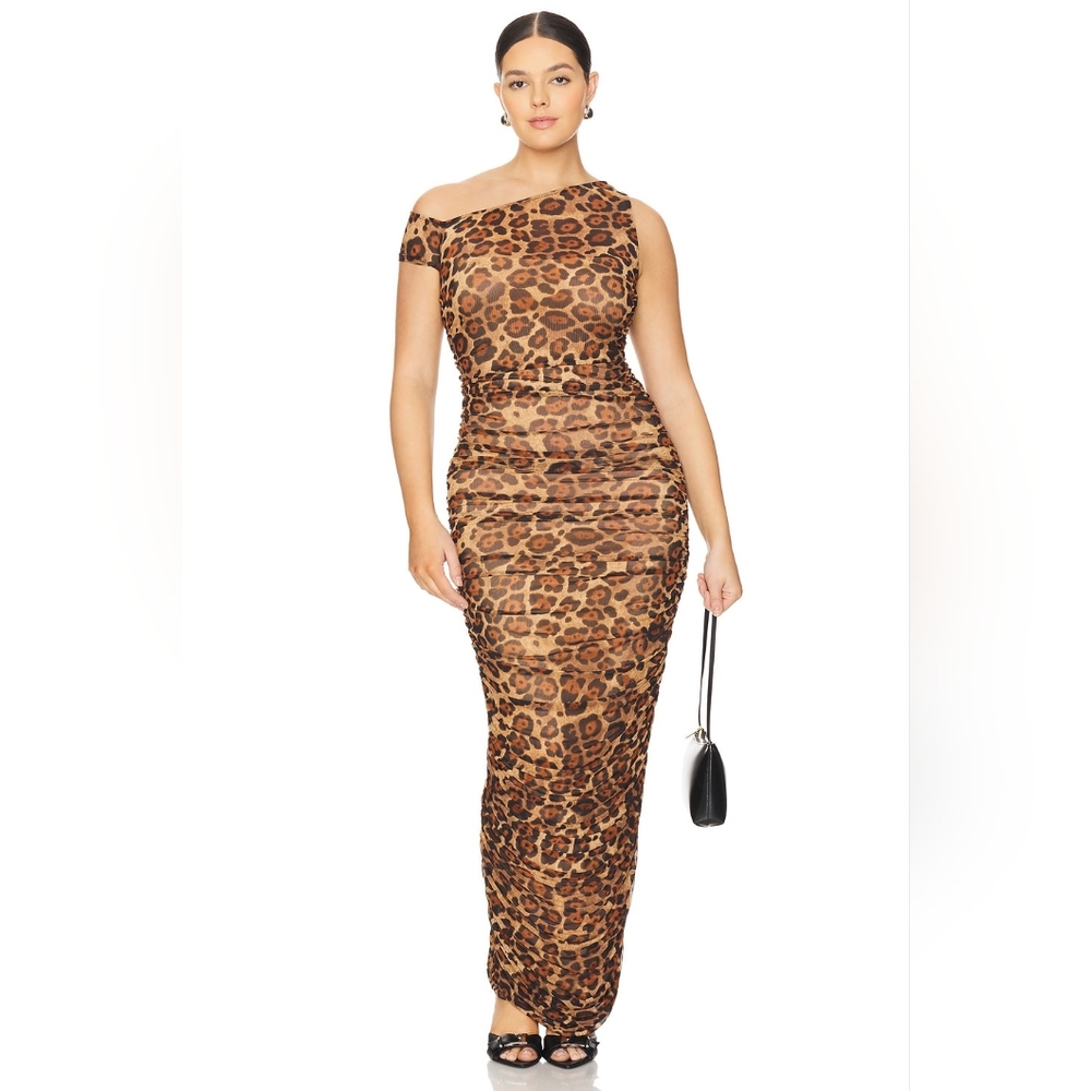 AFRM Biona One-Shoulder Ruched Mesh Maxi Dress